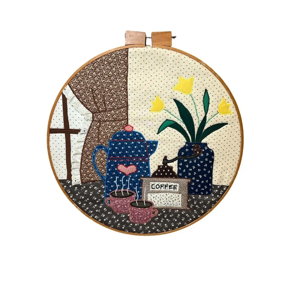 Vtg Handmade Quilted Coffee Applique Round Wood Frame Art Wall Hanging Kitchen